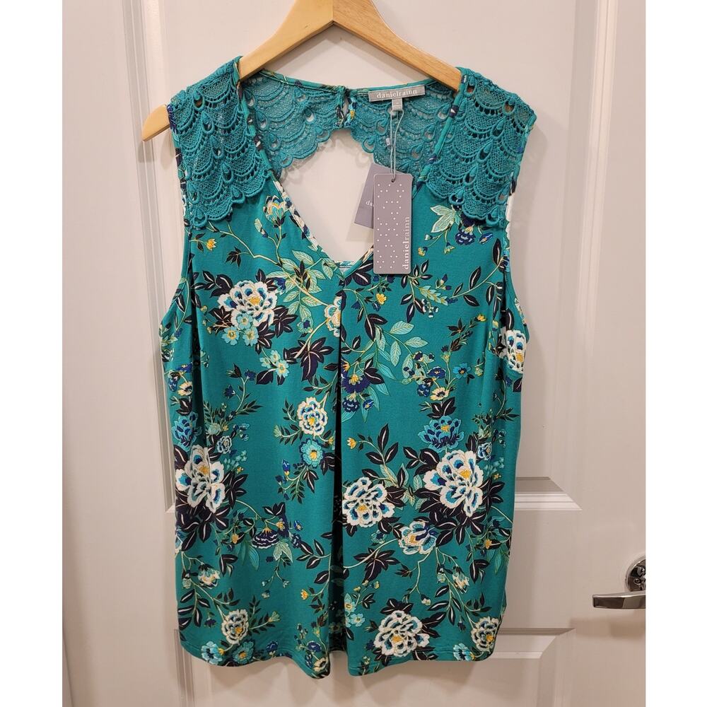 Daniel Rainn Teal Floral Peek a Boo Lace Blouse